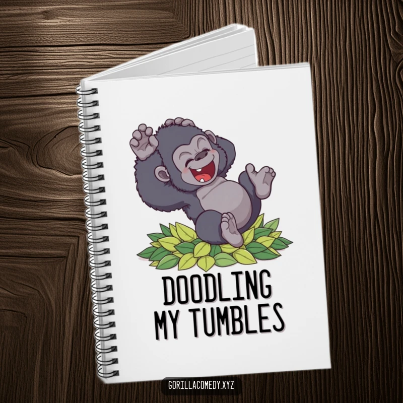 Funny clumsy gorilla notebook tumbling with delight into soft leaves, ideal for jotting down ideas with a smile, a fun gift.