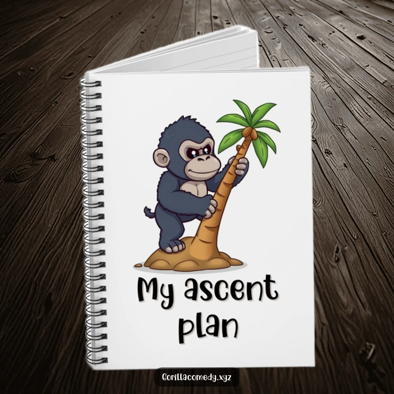 Funny notebook featuring a determined gorilla attempting to climb a small coconut tree, perfect for planning ambitious endeavors.