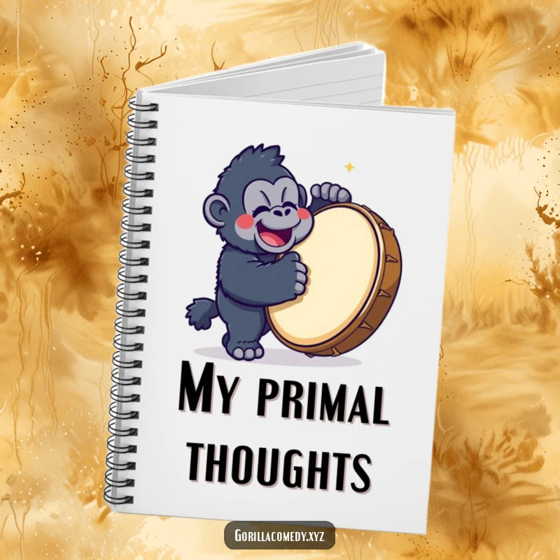 Funny Gorilla Drummer Notebook with a cute kawaii gorilla character happily banging on a large drum, perfect for journaling rhythm.