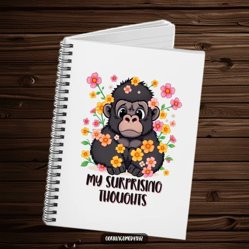 Funny notebook cover illustration of a gorilla with a surprised expression, showered in flowers.