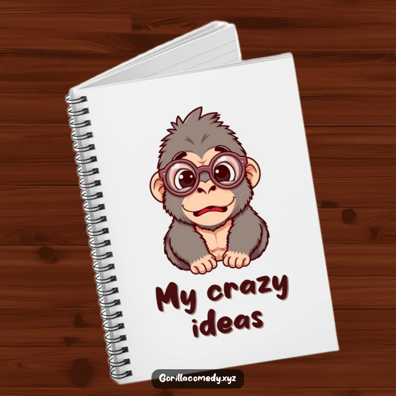 Funny notebook featuring a silly gorilla character wearing oversized round glasses, looking comically surprised and bewildered.