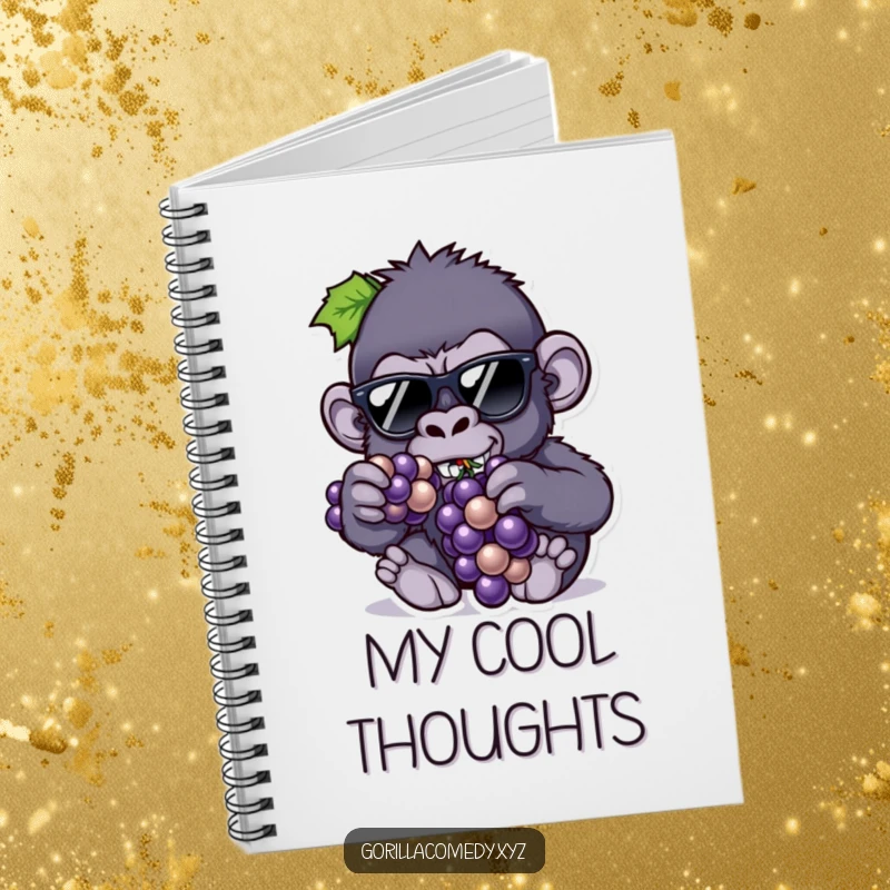 Funny notebook with a cool gorilla in tiny sunglasses eating grapes, ideal for jotting down stylish and humorous thoughts.