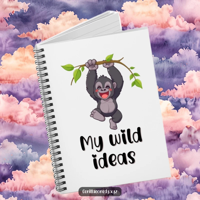 Funny notebook with a joyful gorilla swinging from a vine with a triumphant yell, ideal for recording victorious thoughts and plans.