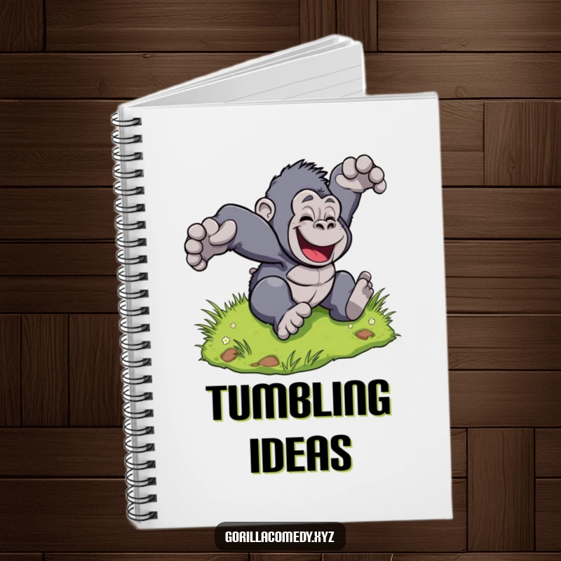 Funny Gorilla Tumble Notebook: Notebook with a stylized gorilla tumbling down a grassy hill, full of joy. Great funny gift.