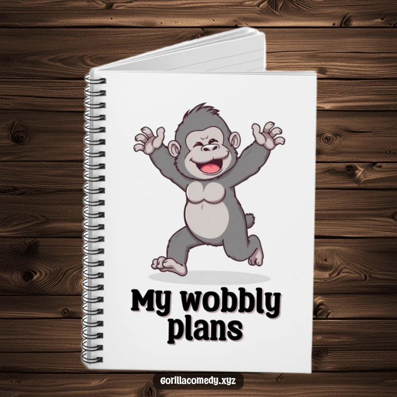 Funny notebook featuring a playful gorilla character doing a wobbly walk with arms outstretched, ideal for jotting funny ideas.