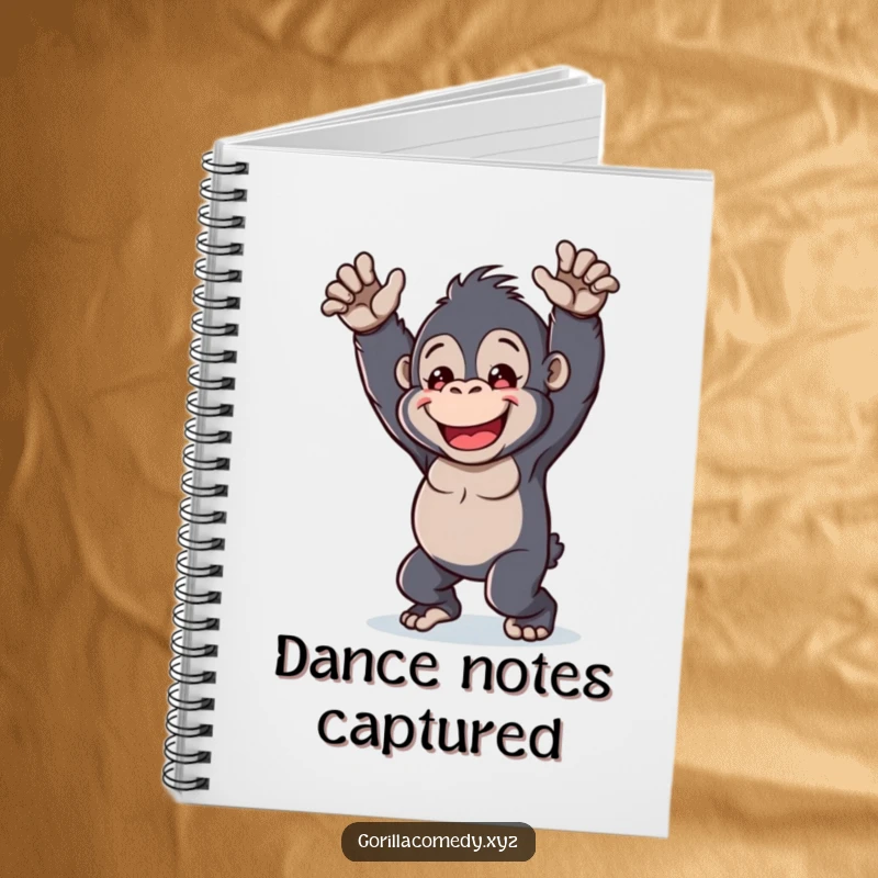 Funny kawaii gorilla notebook, cheerful character, playful dance, cute journal for notes, humorous stationery.