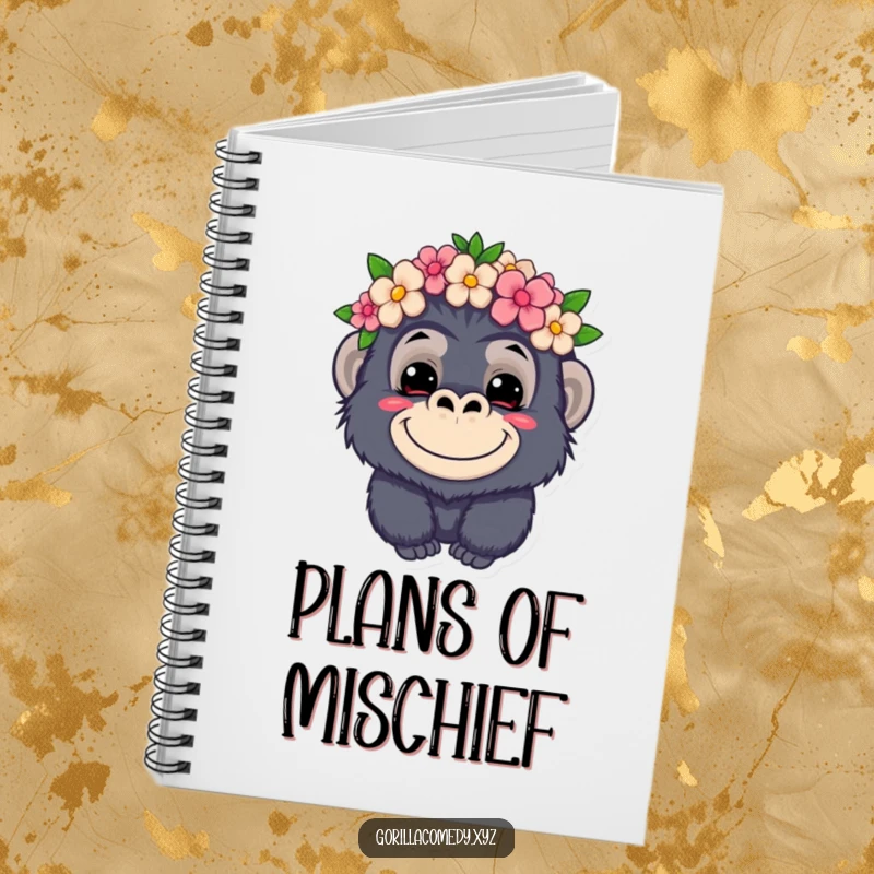 Funny kawaii gorilla notebook, mischievous grin, wearing a flower crown, cute journal for notes, humorous stationery.