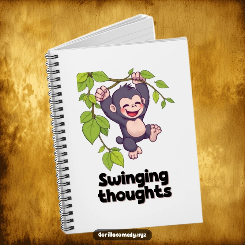 Funny kawaii gorilla notebook, joyfully swinging, from a vine, cute journal for notes, humorous stationery.