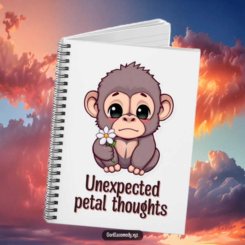 Funny gorilla notebook cover featuring a wide-eyed, startled primate holding a small flower, inspiring humorous notes and doodles.