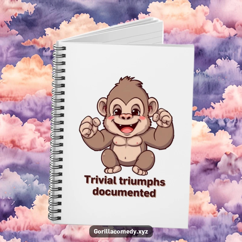 Funny gorilla notebook with a cute ape character flexing tiny muscles, ideal for journaling, sketching, or jotting down funny thoughts.