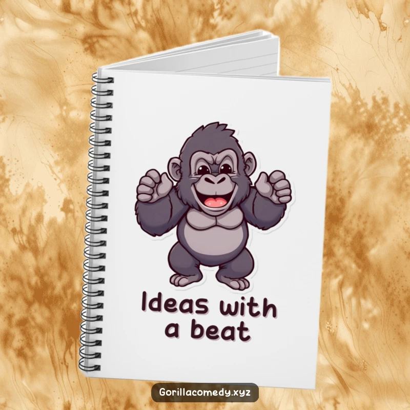 Funny gorilla notebook with a cheerful ape character proudly beating its chest rhythmically, ideal for journaling, sketching, or jotting confident thoughts.