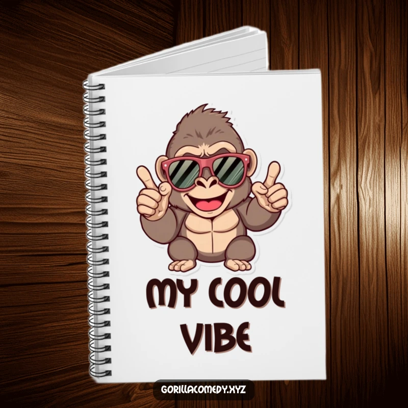 Funny gorilla notebook, happy character wearing oversized sunglasses, confidently giving a finger snap, great for writing.