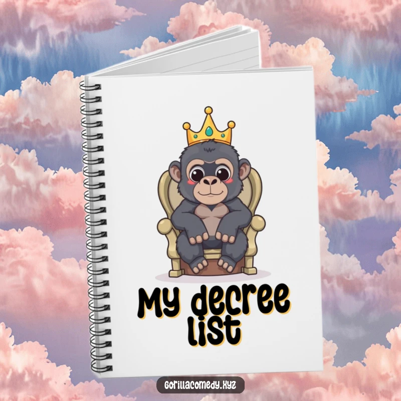 Funny notebook cover illustration of a gorilla wearing a small crown, sitting on a throne.