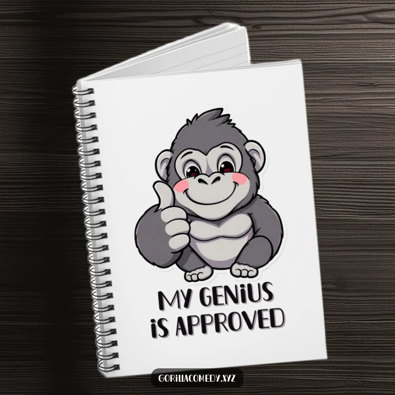 Funny kawaii gorilla character giving a supportive thumbs up on a notebook, encouraging users to jot down their best ideas.