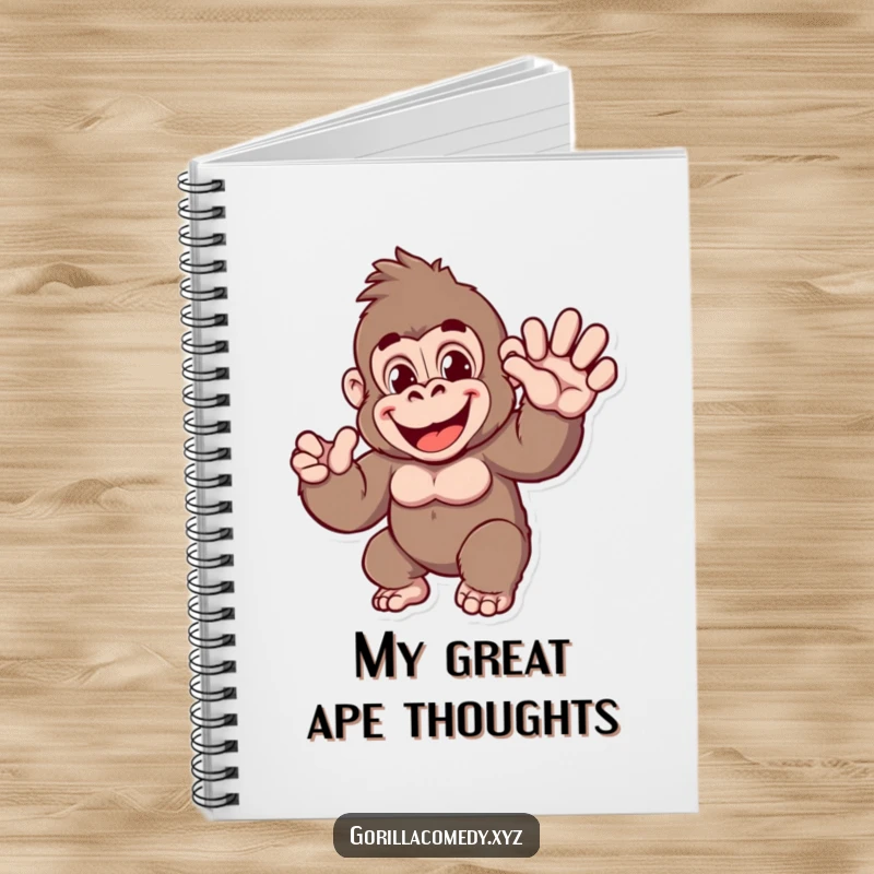 Funny Gorilla Notebook: Features a cheerful ape character extending a welcoming, friendly wave on the cover, ready for notes.