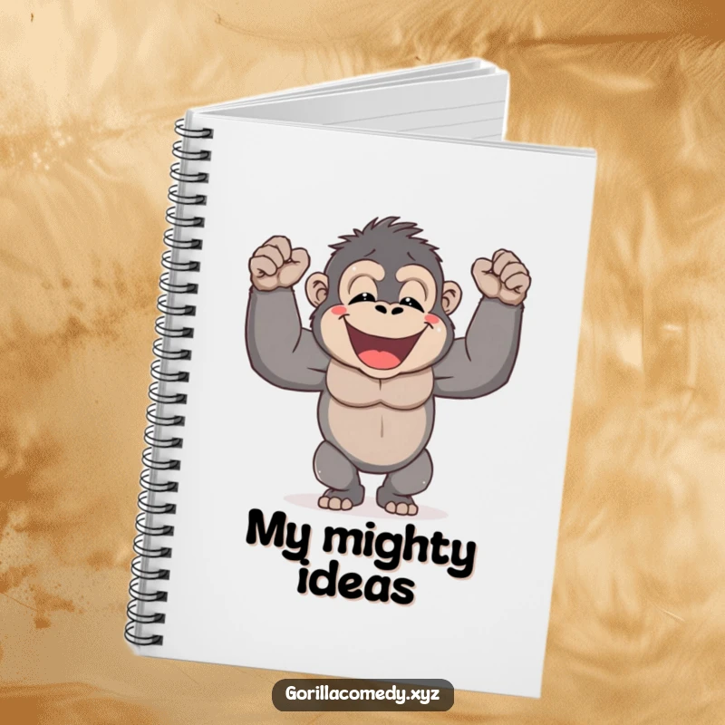 Funny Gorilla Notebook featuring a smiling gorilla pounding its chest, perfect for writing, brainstorming, and planning with humor.