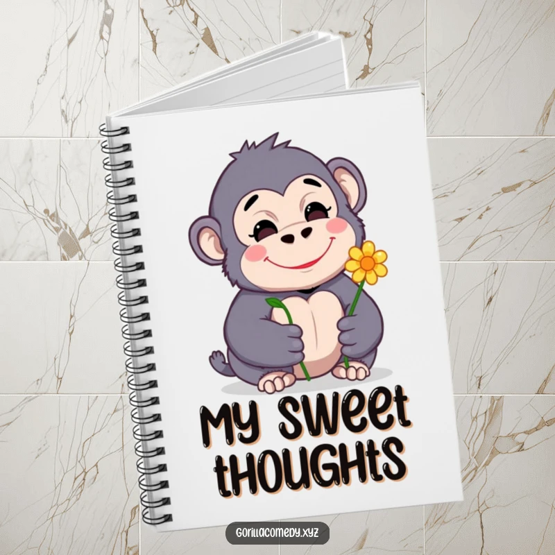Funny notebook cover with a shy gorilla character offering a flower, smiling happily, perfect for jotting down thoughts.