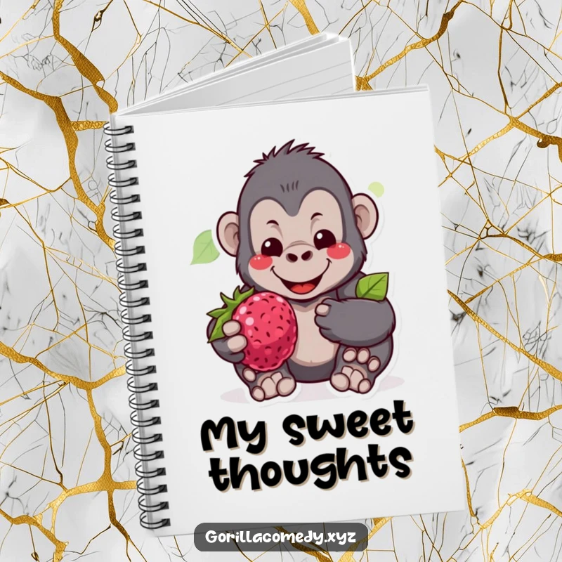 Funny notebook featuring a gentle gorilla character smiling warmly, offering a big, juicy berry, ideal for jotting kind thoughts.