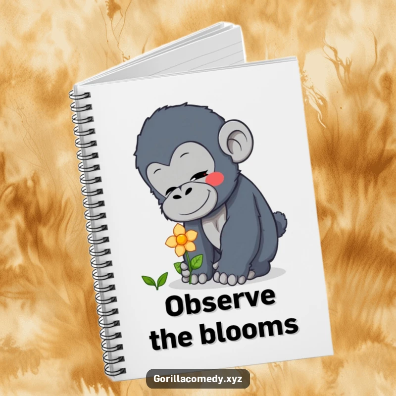 Funny curious gorilla notebook with a character gently patting a flower, ideal for journaling and creative thoughts, a funny gift.
