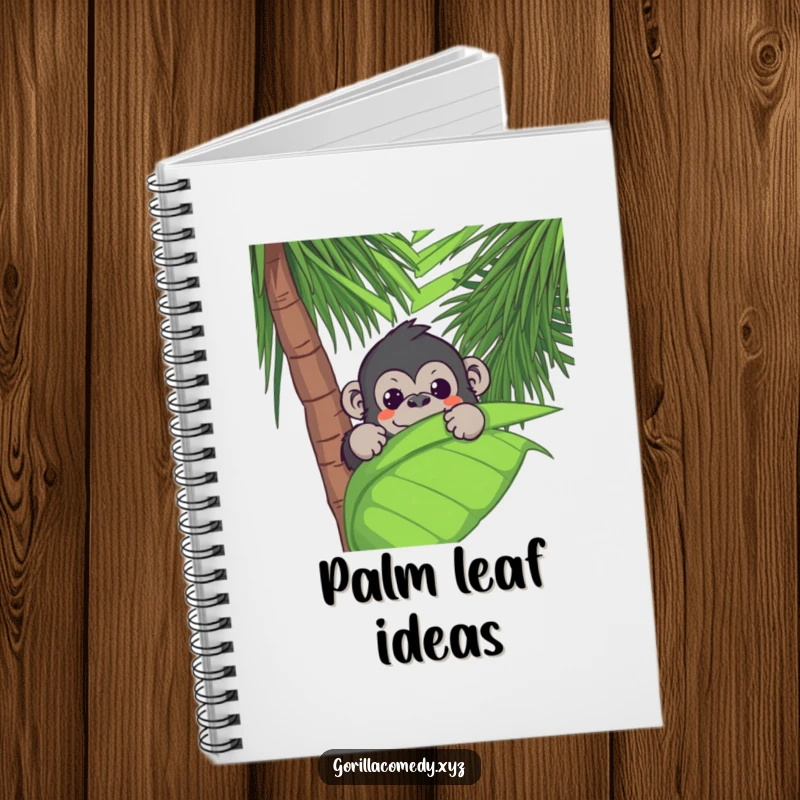 Funny Kawaii gorilla peeking from a palm leaf on a notebook cover, inspiring jungle-themed creativity and humor.