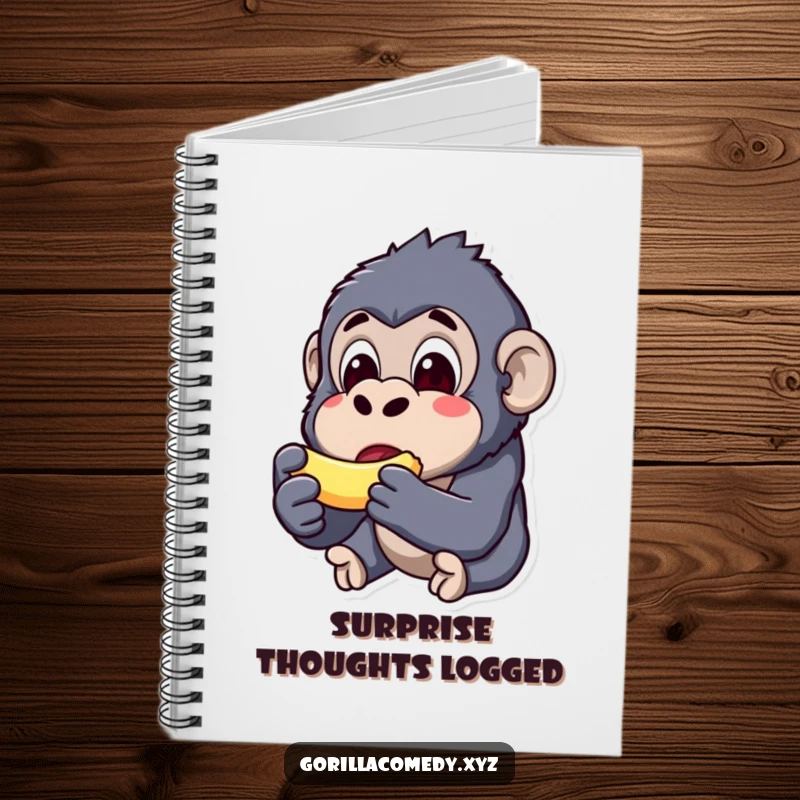 Funny kawaii gorilla notebook, surprised expression, eating a small banana, cute journal for notes, humorous stationery.