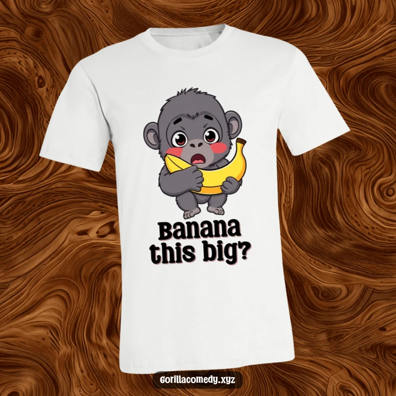 Funny gorilla t-shirt, surprised character with wide eyes, comically holding a giant banana that's too big to handle.