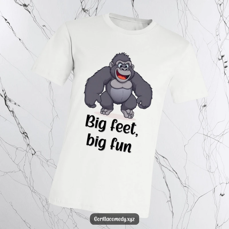 Funny t-shirt of a gorilla joyfully stomping around with incredibly huge, beaming happy feet.