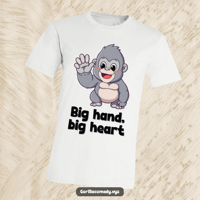 Funny t-shirt featuring a Kawaii gorilla character offering a large, friendly wave with its hand, exuding cuteness and warmth.