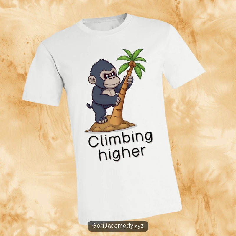 Funny t-shirt depicting a determined gorilla striving to climb a small coconut tree, conveying ambition and effort.