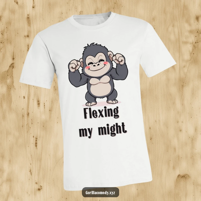 Funny Gorilla Flex T-Shirt: A grinning, cute gorilla comically flexes its comically tiny biceps, showcasing hilarious workout motivation, a great funny gift.