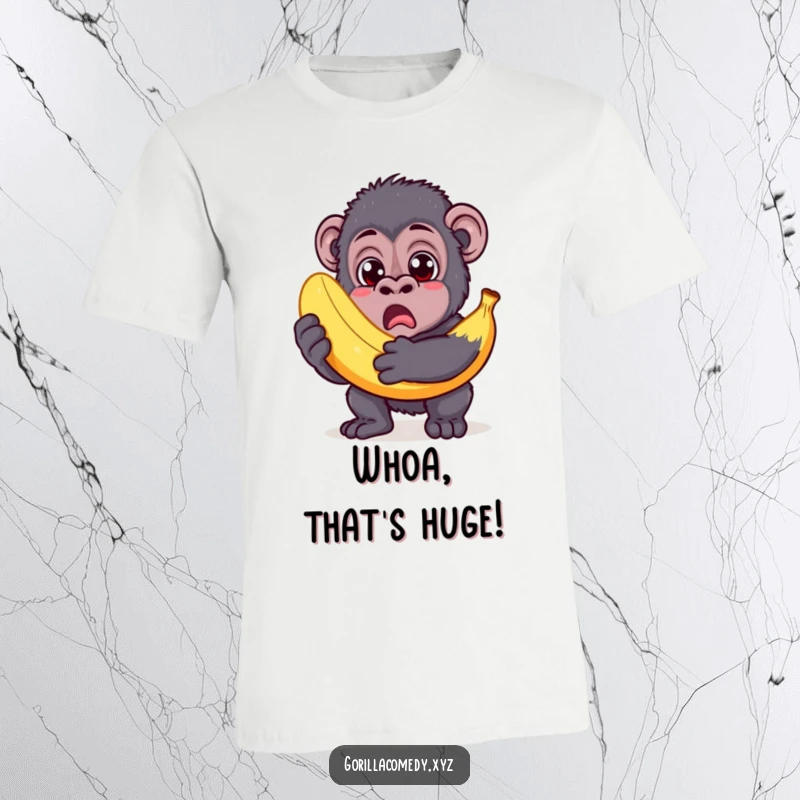 Funny Gorilla T-Shirt: A gorilla looks shocked holding a banana far too big, a funny reaction.