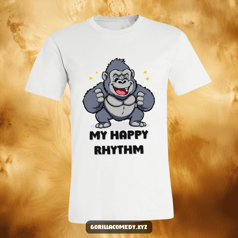 Funny t-shirt design of a cheerful gorilla rhythmically pounding its chest, radiating pure happiness and energy.