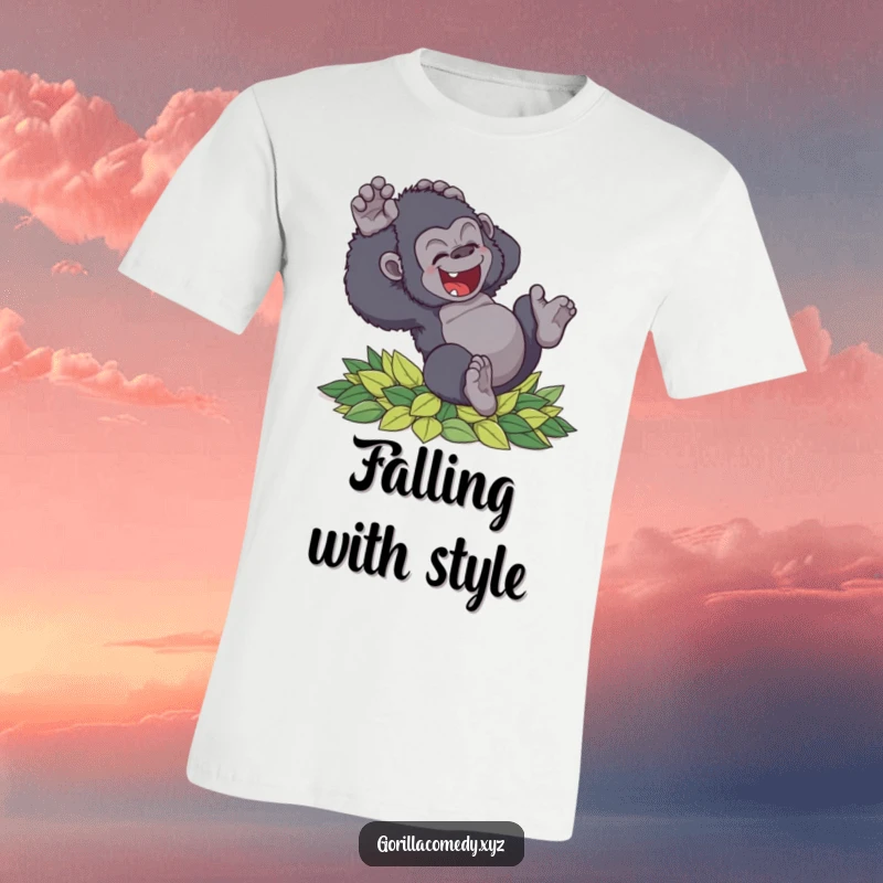 Funny clumsy gorilla t-shirt tumbling with delight into soft leaves, expressing carefree joy and embracing imperfection, a great funny gift for all.