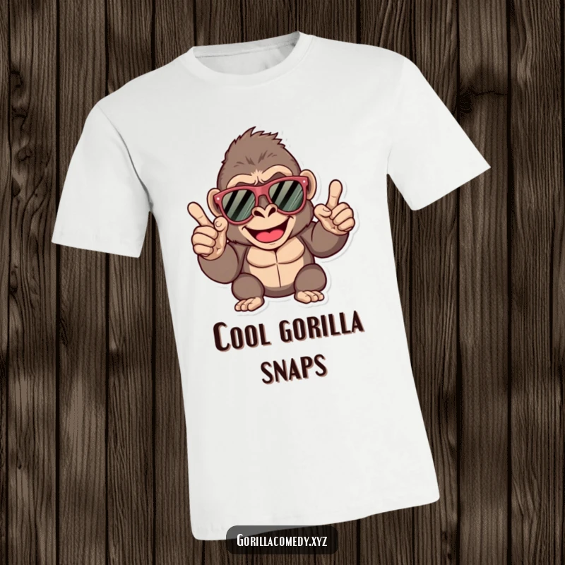 Funny gorilla t-shirt, happy character wearing oversized sunglasses, performing a confident finger snap with a cool attitude.