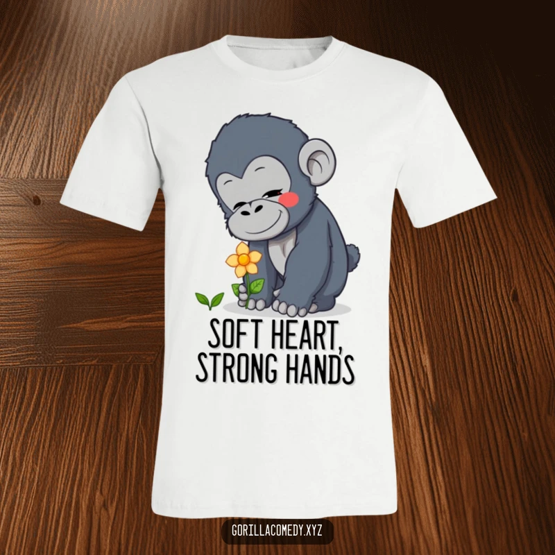 Funny curious gorilla t-shirt depicting a gentle interaction with a blooming flower, showcasing a soft heart, an endearing funny gift.