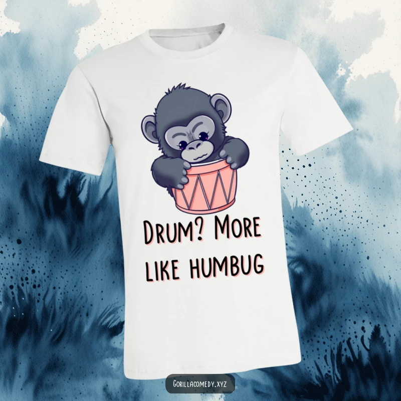 Funny gorilla t-shirt featuring a curious primate hilariously trying to fit into a drum that is much too small.