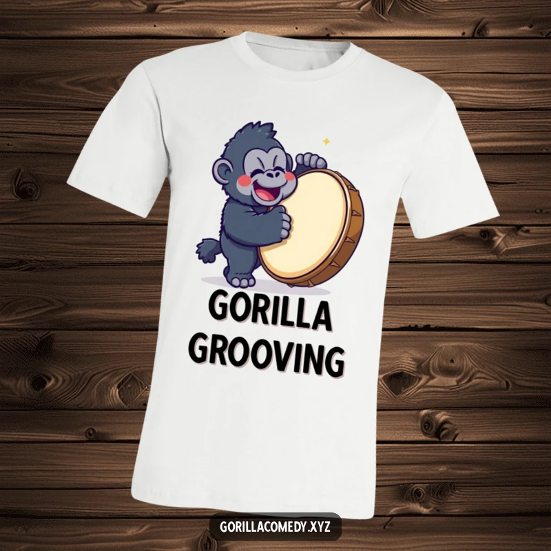 Funny Gorilla Drummer T-Shirt with a cute kawaii gorilla character energetically banging on a large drum, full of playful spirit.