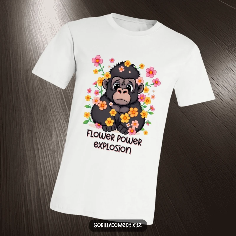 Funny t-shirt of a gorilla with a surprised face, covered in a gentle shower of blooming flowers.