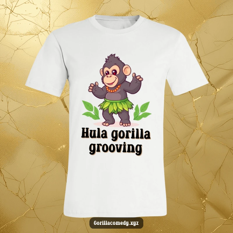 Funny gorilla t-shirt, cute character in a tiny grass skirt, doing a playful and energetic hula dance with joy.
