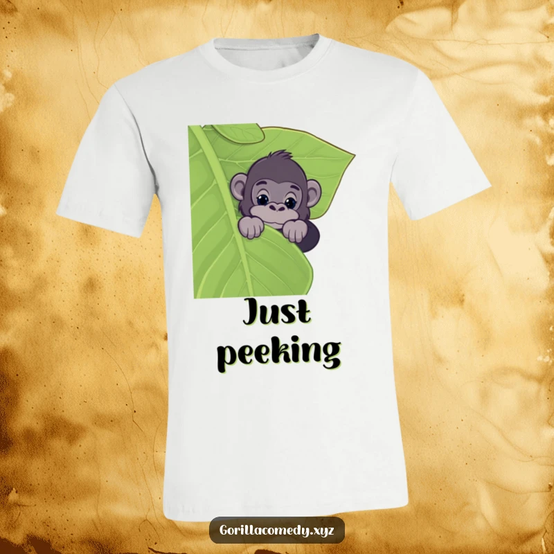 Funny t-shirt depicting a gorilla curiously peeking over a giant leaf, conveying a sense of wonder and jungle adventure.