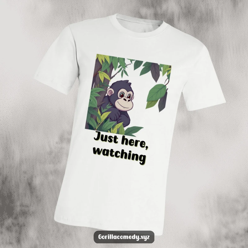 Funny Gorilla Peek T-Shirt: Cartoon gorilla peeking from dense jungle leaves, full of playful intrigue. Great funny gift.