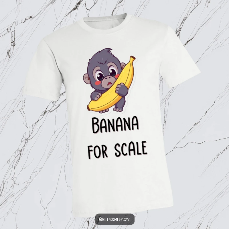 Funny Kawaii Gorilla Banana T-Shirt featuring a cute gorilla with surprised eyes holding a giant banana, radiating quirky joy.