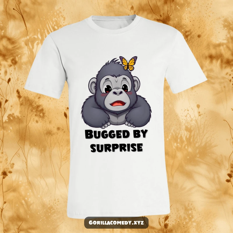 Funny Kawaii gorilla t-shirt, depicting a startled ape character with wide eyes and an open mouth, hosting a delicate butterfly on its nose.