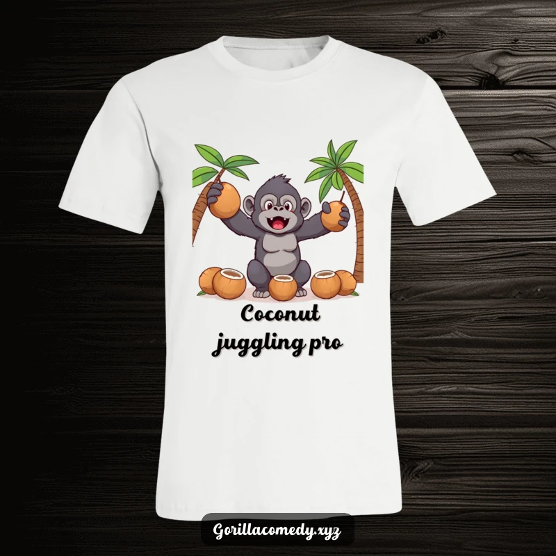 Funny Kawaii gorilla looking flustered while trying to juggle multiple coconuts, a humorous tropical scene on a shirt.