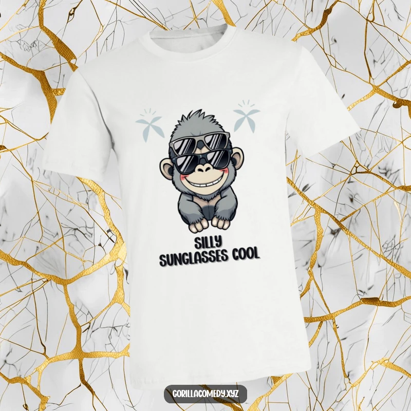 Funny Kawaii gorilla wearing stylish sunglasses and a silly grin, radiating cool and playful energy on a t-shirt.