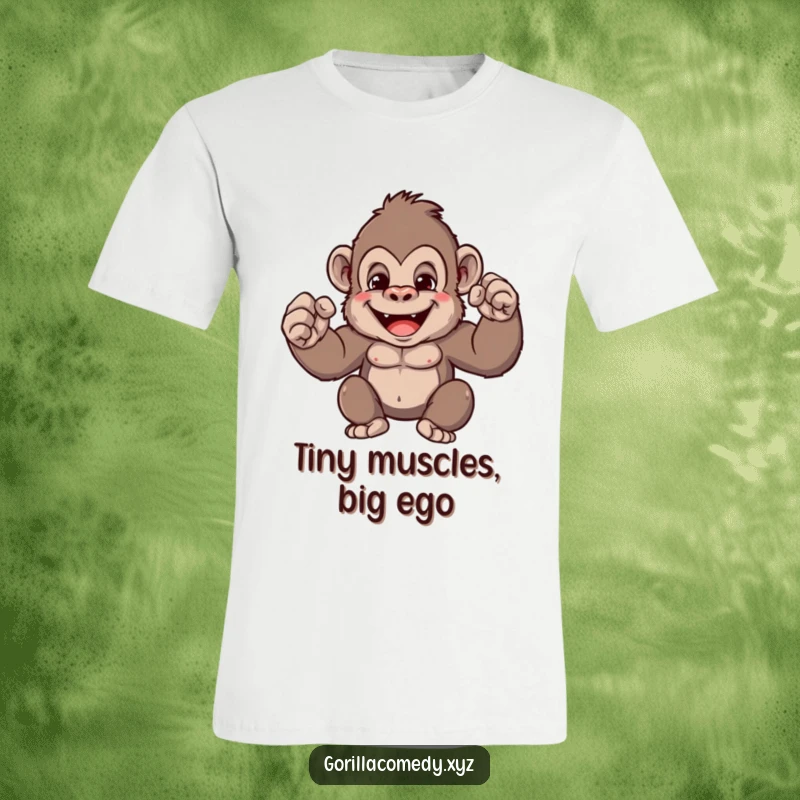 Funny gorilla t-shirt with a cute character flexing minuscule muscles, grinning proudly, symbolizing unexpected strength and humor for a fun statement.