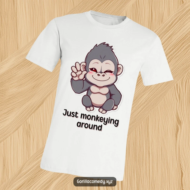Funny gorilla t-shirt showing a cool ape winking with one eye, raising a hand in a friendly, humorous wave gesture.