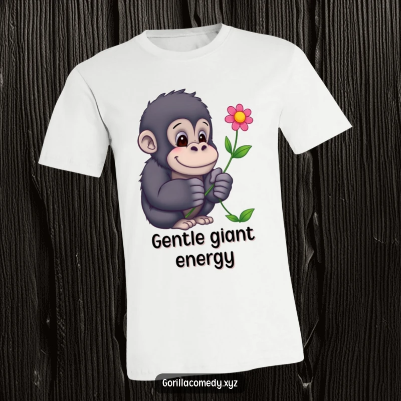 Funny Gorilla T-Shirt: A large, gentle gorilla tenderly offers a vibrant flower, making it a sweet and humorous statement piece.