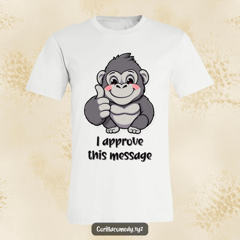 Funny kawaii gorilla giving a big, enthusiastic thumbs up on a comfy t-shirt, showcasing its happy and approving personality.