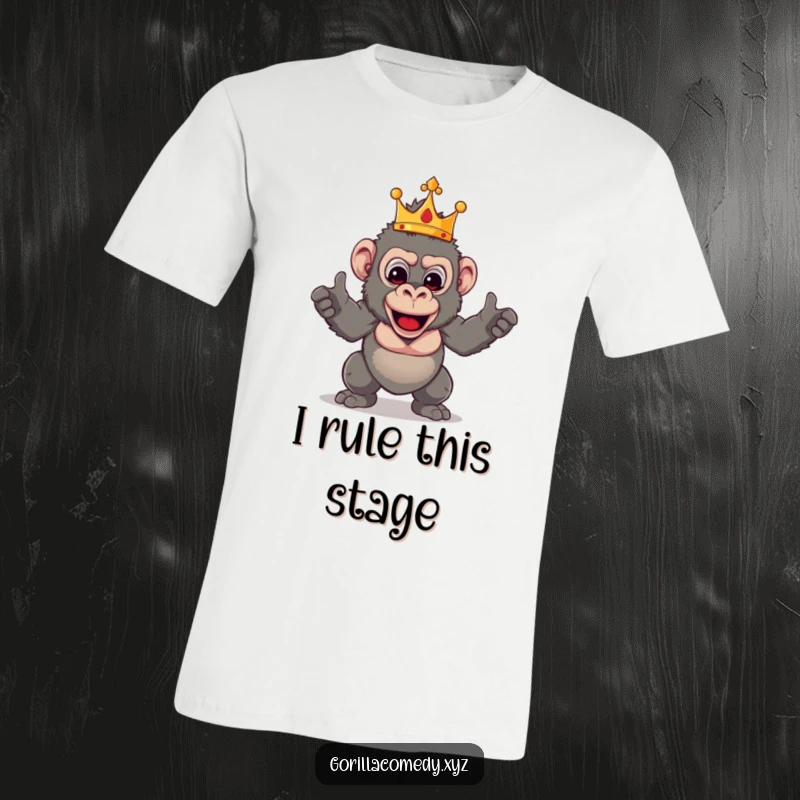 Funny theatrical gorilla t-shirt featuring a crowned primate striking a dramatic and funny pose, ready to entertain.